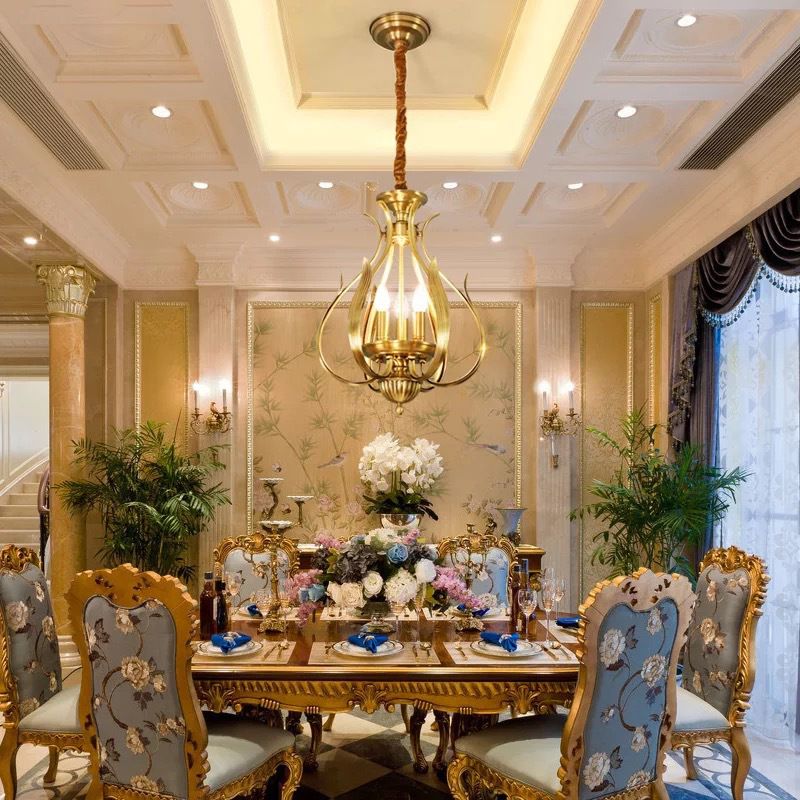 3 Bulbs Candle Hanging Chandelier Colonial Gold Metal Ceiling Suspension Lamp for Restaurant