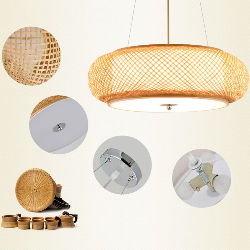 Round Hanging Light Fixture Asia Bamboo 1 Bulb Living Room Ceiling Pendant in Wood