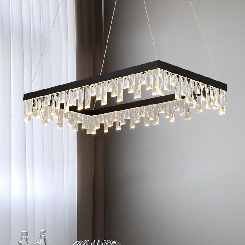 Rectangle Hanging Light Modern Crystal Block 16"/23.5" Wide LED Black Chandelier Lighting