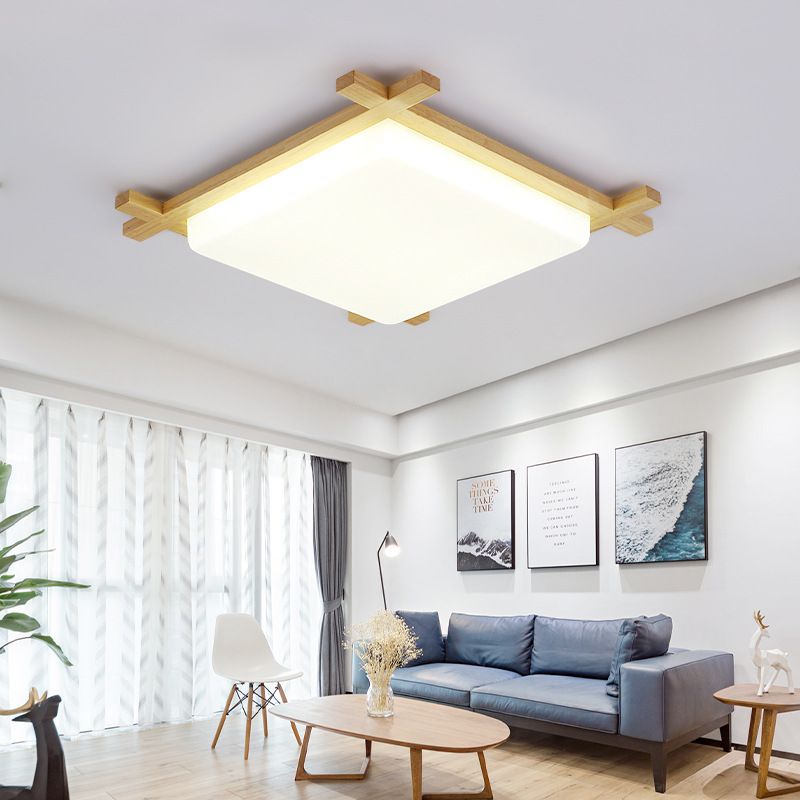 Wooden LED Flush Mount in Modern Simplicity Square Ceiling Light in Log Color