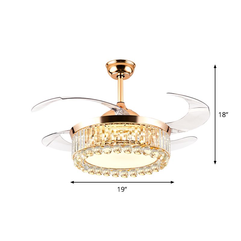 Round Slaapkamer Hangende ventilatorlamp Kristallen Prisms en Orbs 19 "W Led Modernism Semi Flush Light in goud, 4-blade