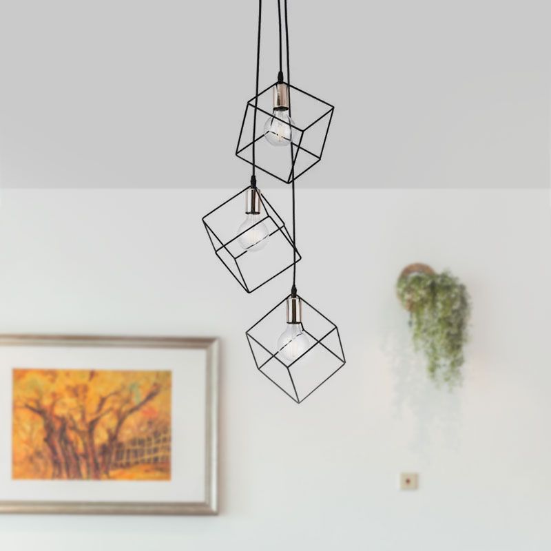 Square Suspension Light 3 Lights Metal Industrial Pendant Lighting in Black for Foyer