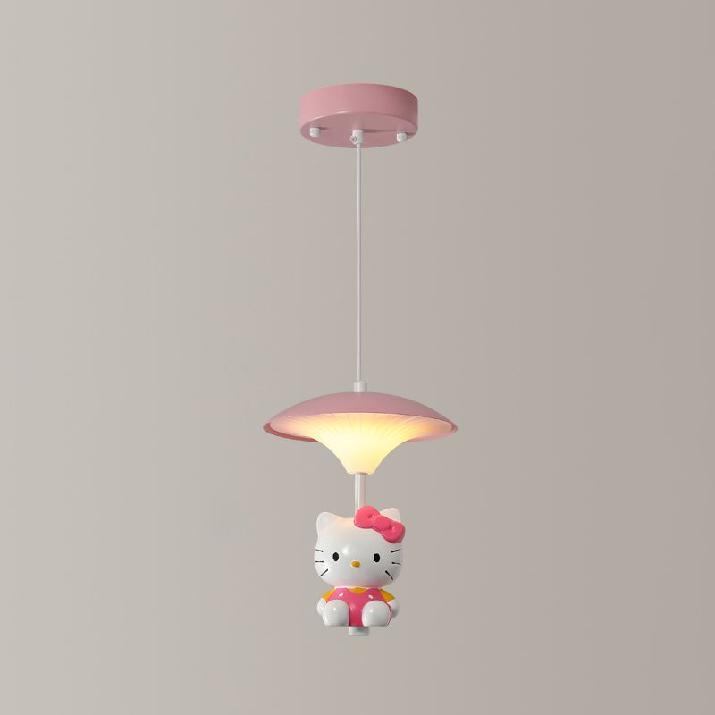 Pink Mushroom Ceiling Lamp Kid LED Metal Hanging Light Fixture with Cartoon Figurine for Bedroom