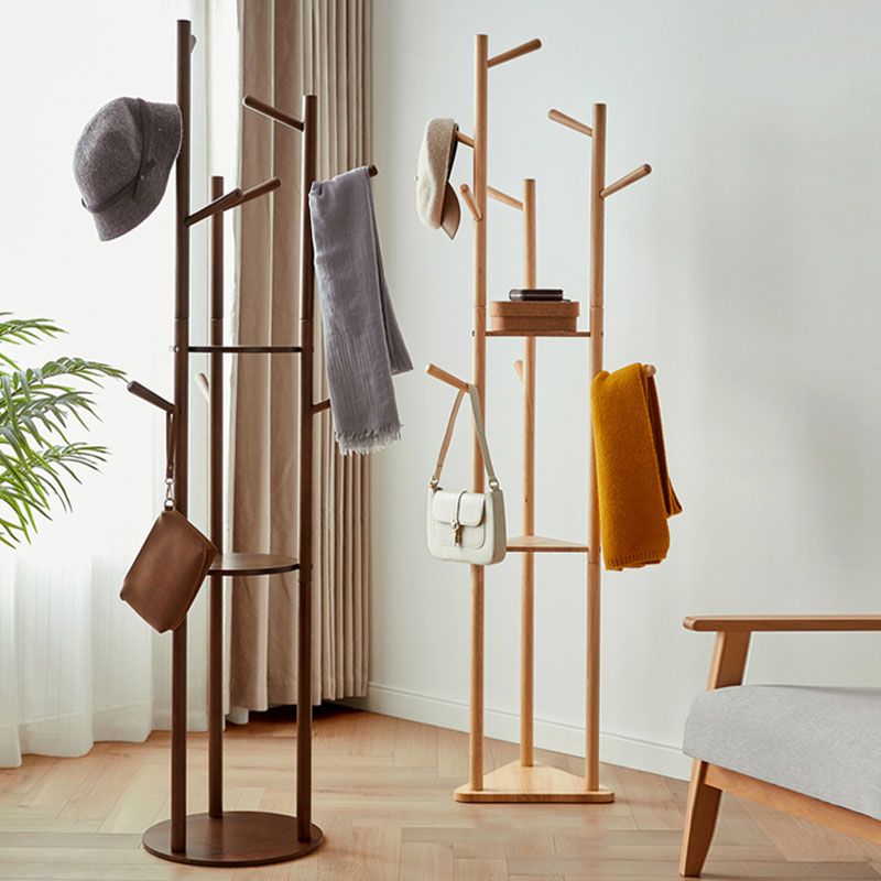 Modern Style Hall Tree Rubber Wood Entryway Coat Rack with 2 Shelves