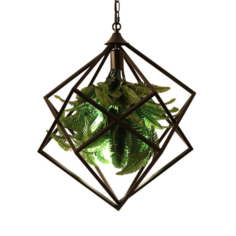 Metal Geometric Hanging Ceiling Light Retro 1 Bulb Restaurant LED Suspension Lamp in Black with Plant, 18"/21.5" Wide