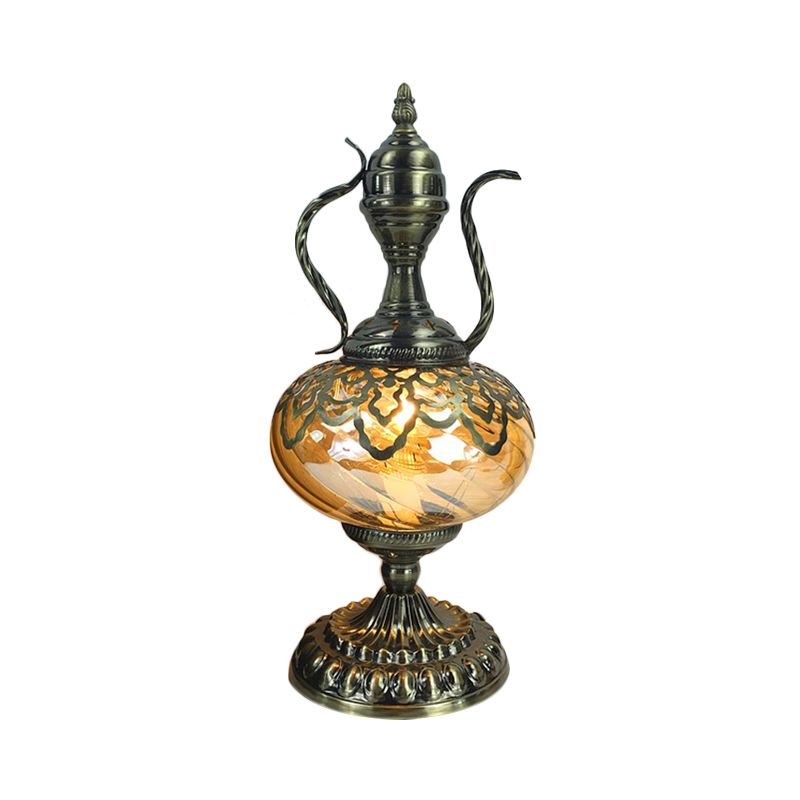 Amber Glass Brass Table Lighting Teapot/Oval 1 Bulb Bohemia Nightstand Light for Bedroom, 14"/16" Tall