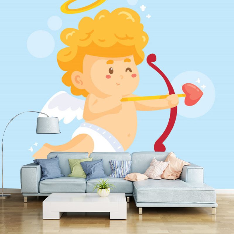 Yellow Baby Cupid Wallpaper Murals Cartoon Childrens Art Waterproof Wall Decor on Blue for Bedroom