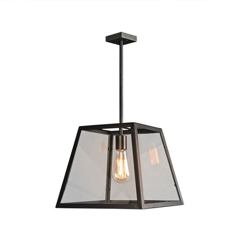 Metal and Glass Trapezoid Pendant Light Traditional 1-Light Dining Table Suspension Lamp in Black