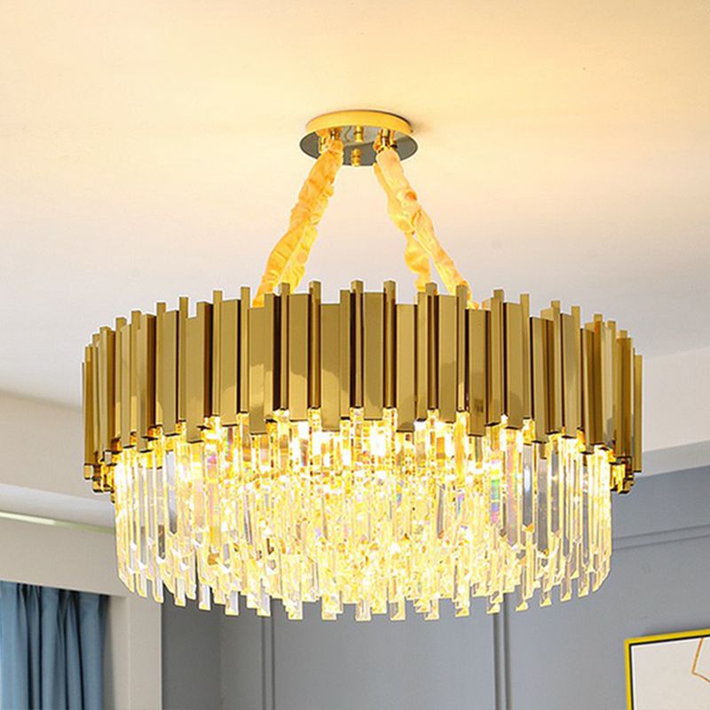 Simple Style Suspension Light Brass Drum Chandelier with Tri-Sided Crystal Prism Shade