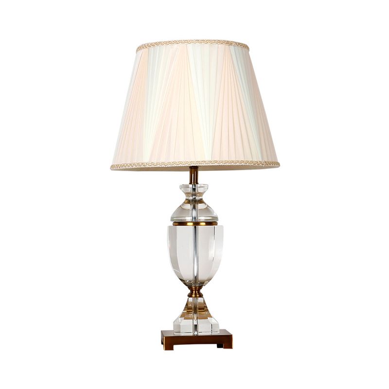 Single Head Fabric Night Light Countryside White Tapered Bedroom Nightstand Lamp with Crystal Base