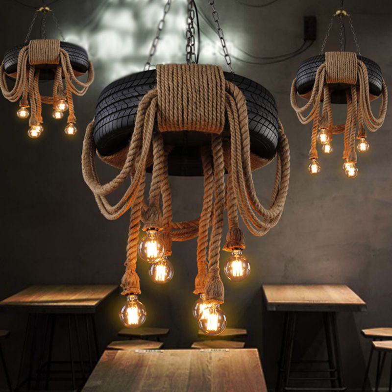 Antique Tyre Ceiling Lighting 6 Heads Hemp Rope Chandelier Light Fixture in Black