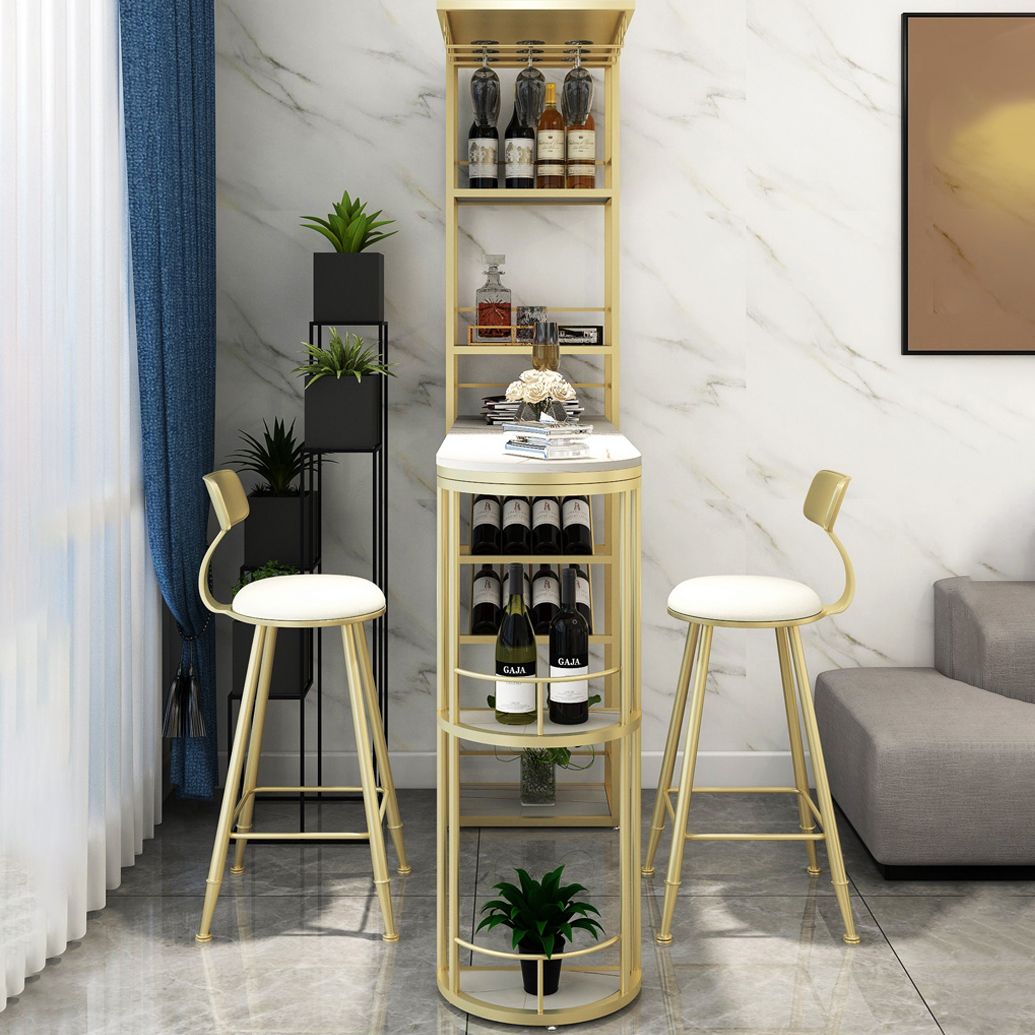 Glam White Stone Bar eettafel metalen dubbele voetstuk bistro tafel met wijnrek