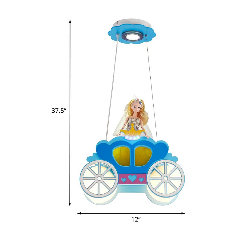 Princess Carriage Ceiling Lamp Kids Frosted Glass 2 Lights Blue Multi Light Pendant for Bedroom