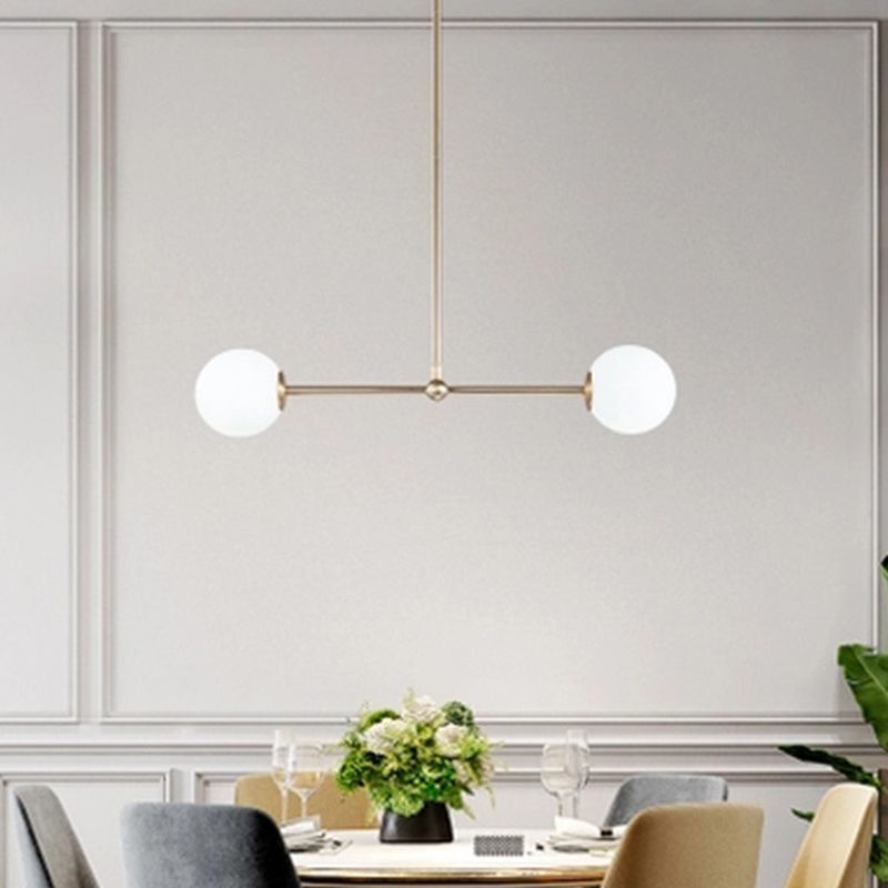 Minimalist Bar Shaped Pendant Light Metallic 2 Lights Postmodern Chandelier in Gold with Orb White Glass Shade