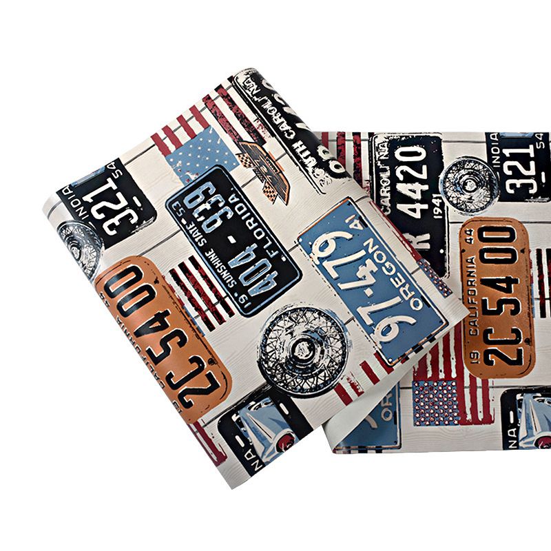 Decorative Non-Pasted Graffiti of Car Plates and USA National Flags Matted Plaster Wallpaper in Multi-Color