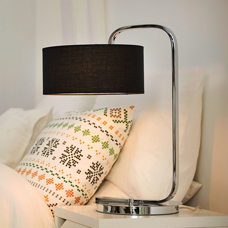 Simplicity 1-Bulb Nightstand Light Black/White Cylinder Night Table Lamp with Fabric Shade for Bedside