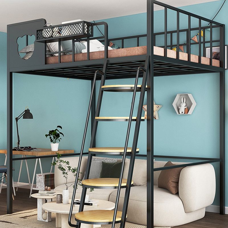 Contemporary Loft Bed in Iron with Guardrail and Staircase/Built-In Ladder