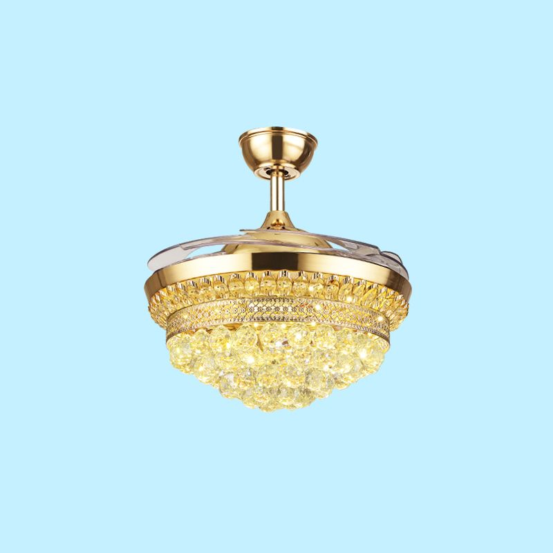 Tiered Crystal Orb Semi Flush Mount Light Contemporary Gold 4-Blade LED Hanging Fan Light Fixture