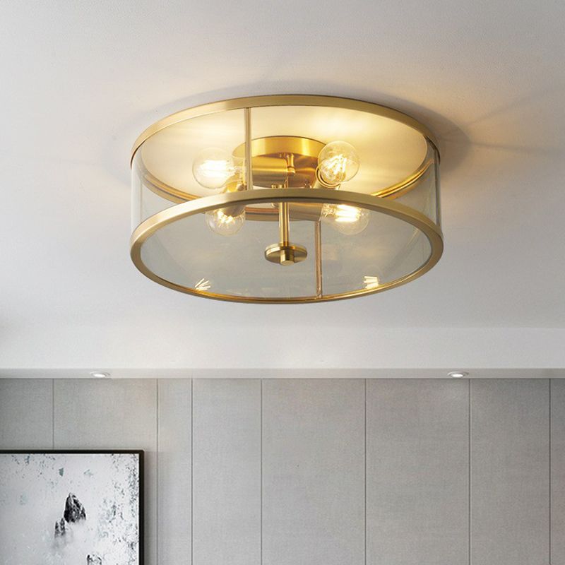 4-Bulb Drum Flush Ceiling Light Simplicity Brass Clear Glass Flush Mount Light for Bedroom