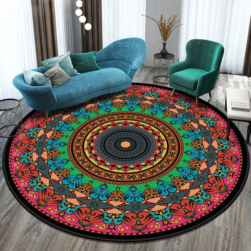 Bohemian Living Room Rug Multicolor Mandala Rug Polyester Stain Resistant Washable Anti-Slip Backing Rug for Hall