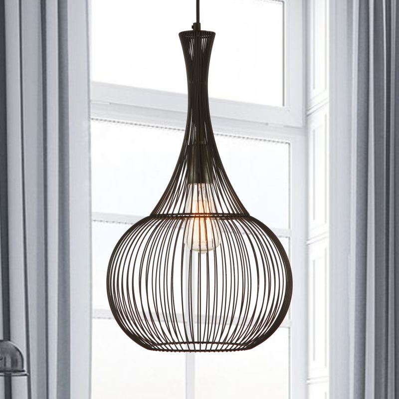 1-Light Teardrop Cage Hanging Pendant Light Industrial Black Iron Ceiling Lighting for Living Room