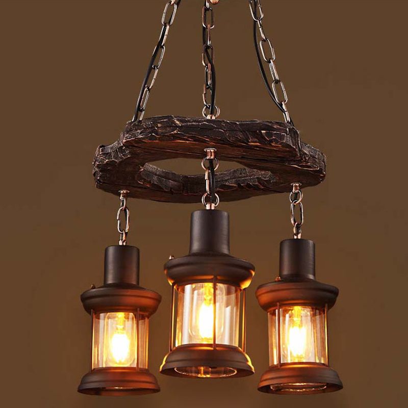 Distressed Wood Lantern Suspension Light Retro Style Clear Glass Restaurant Chandelier Light