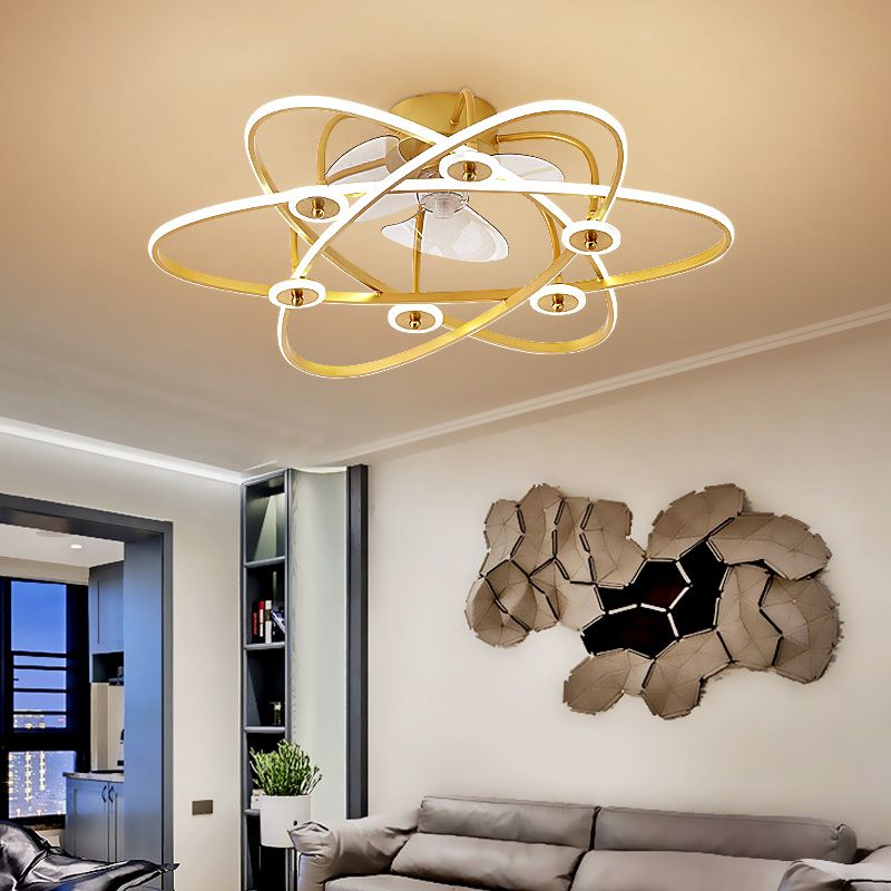 Floral Living Room Ceiling Fan Light Metal Minimalistic LED Semi Flush Mount Lamp with 3-Blade and Remote