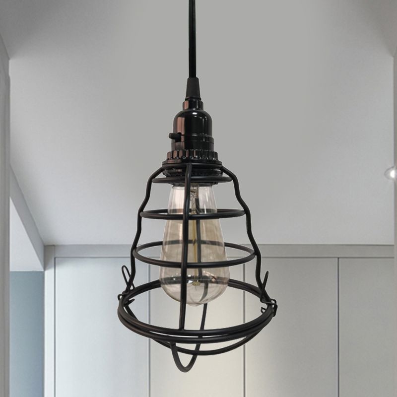 Bulb Shaped Cage Corridor Pendant Lamp Industrial Metallic One Light Black Hanging Light with Plug In Cord