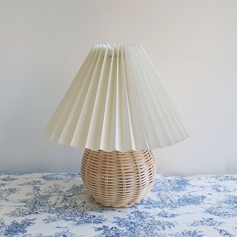 Ball Bamboo Rattan Table Light Modernist 1 Bulb White Night Lamp with Hundred Pleat Shade