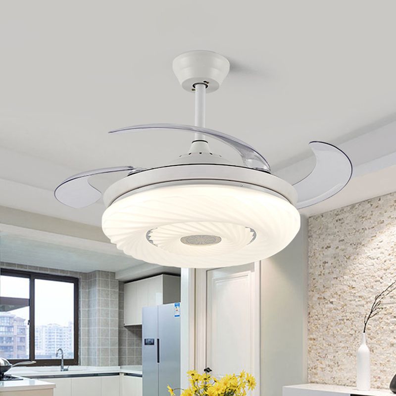 42" W White Circle Hanging Fan Light Modern Metal LED Dining Room Semi Mount Lighting with 4 Blades, Remote/Wall Control/Frequency Conversion and Remote Control