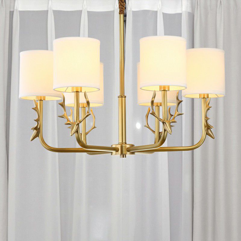 Brass Deer Chandelier Light Minimalistic Metal Hanging Lamp with Cylinder Fabric Shade