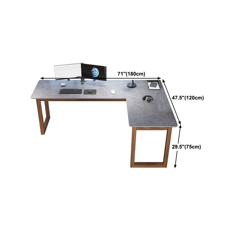 L-Shape Modern Style Office Desk Marble and Wood Writing Desk in Black