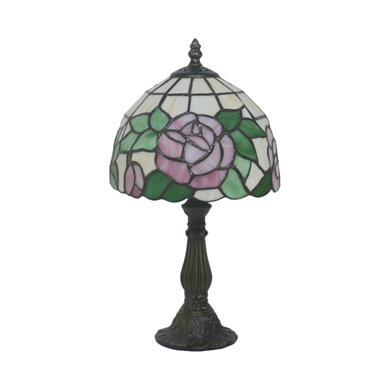 Pink/Purple and Pink Rose Night Lamp Victorian 1 Light Stained Art Glass Table Lighting with Dome Shade