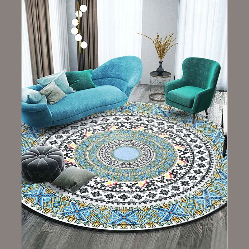 Round Floral Print Carpet Moroccan Area Rug Polyester Stain Resistant for Home Decoration