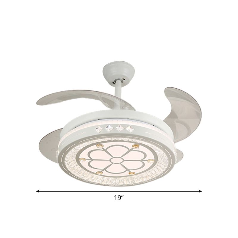 Simple 19" Wide LED Semi Flush Ceiling Light White Round Pendant Fan Lamp with Acrylic Shade, 4 Blades