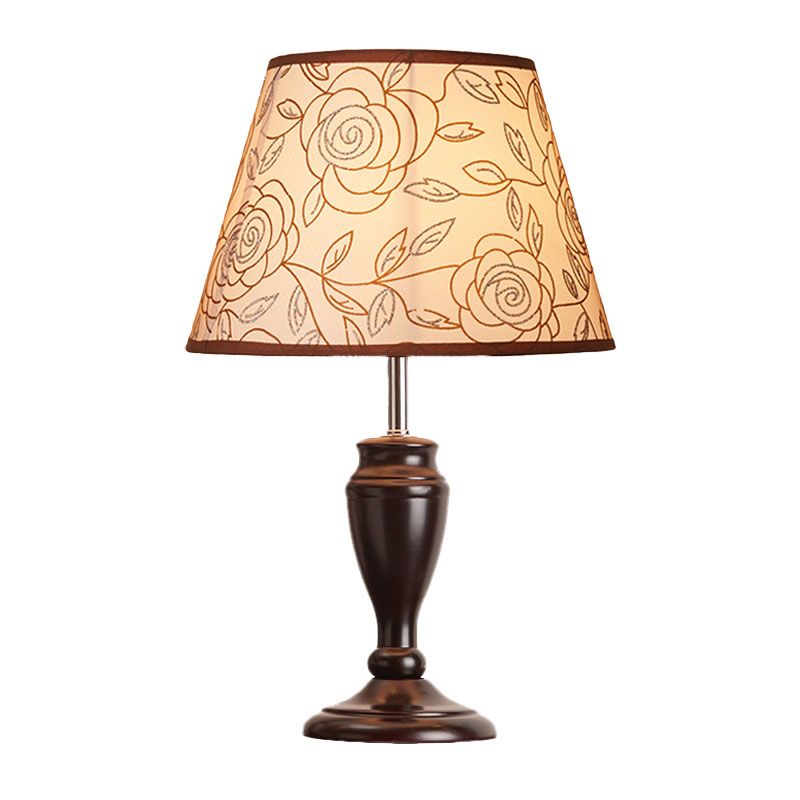 Brown 1 Head Table Light Rural Fabric Tapered Shade Nightstand Lamp with Flower/Slash/Geometric Pattern