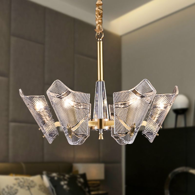 Clear Lattice Glass Shield Hanging Lamp Postmodern 6/8 Heads Brass Chandelier Lighting Fixture