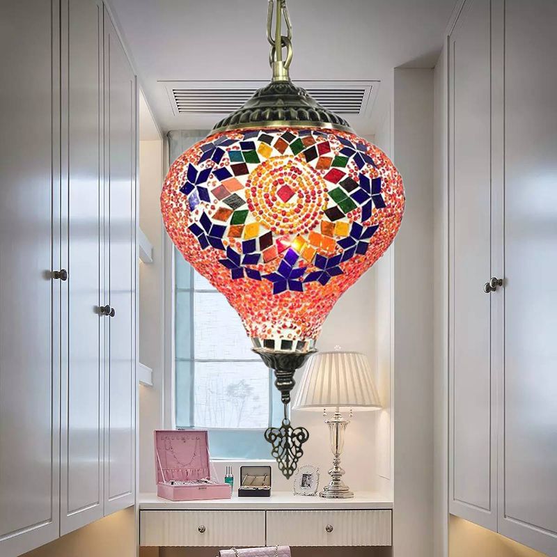 1/6 Bulbes Coffee House Suspension Pendentif Tradition Bronze Hanging Light Kit avec gouttelettes Colorful Glass Shade
