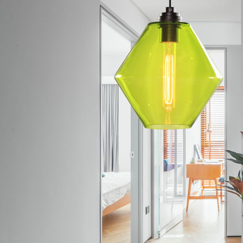 Single Light Diamond Shade Ceiling Pendant Light Vintage Black Orange/Blue/Green Glass Hanging Lamp