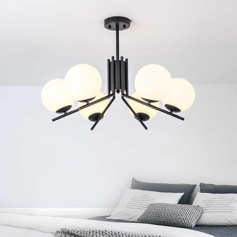 Milky Glass Global Semi Flush Modernism 6 Bulbs Black Ceiling Mount Light Fixture for Bedroom