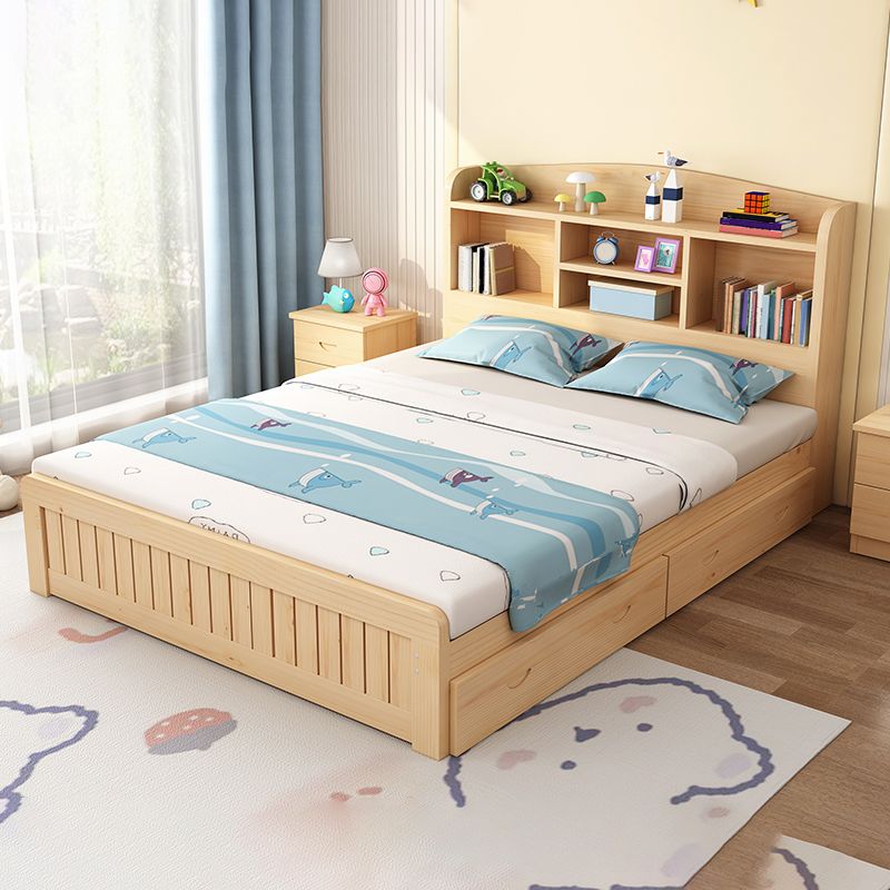 Scandinavian Platform Bed Solid Wood Kids Bed with Headboard and 2 Drawers