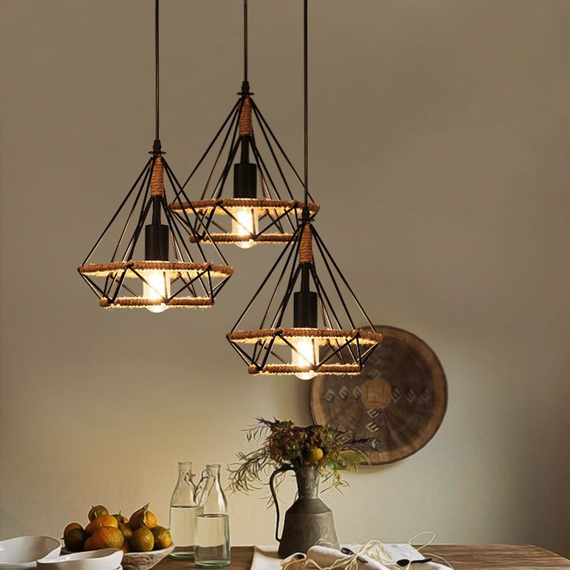 Luce a sospensione a gabbia geometrica a 1 luce Luce a sospensione in metallo in stile vintage per sala da pranzo