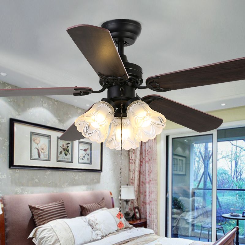 5 Blades Bell Frost Glass Semi Flush Mount Rustic 31.5" W 3 Heads Bedroom Pull Chain Ceiling Fan Light Fixture in Black