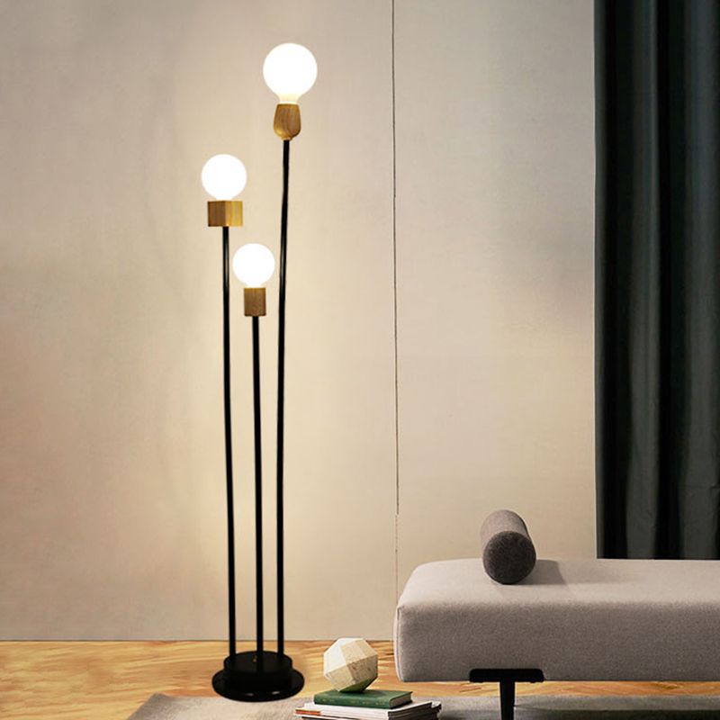 Bulb Floor Light Minimalist Metallic 3-Head Study Room Stand Up Lamp with Three Columns in Black