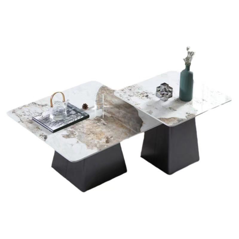 Round Slate Top Cocktail Table with Black Metal Base Contemporary