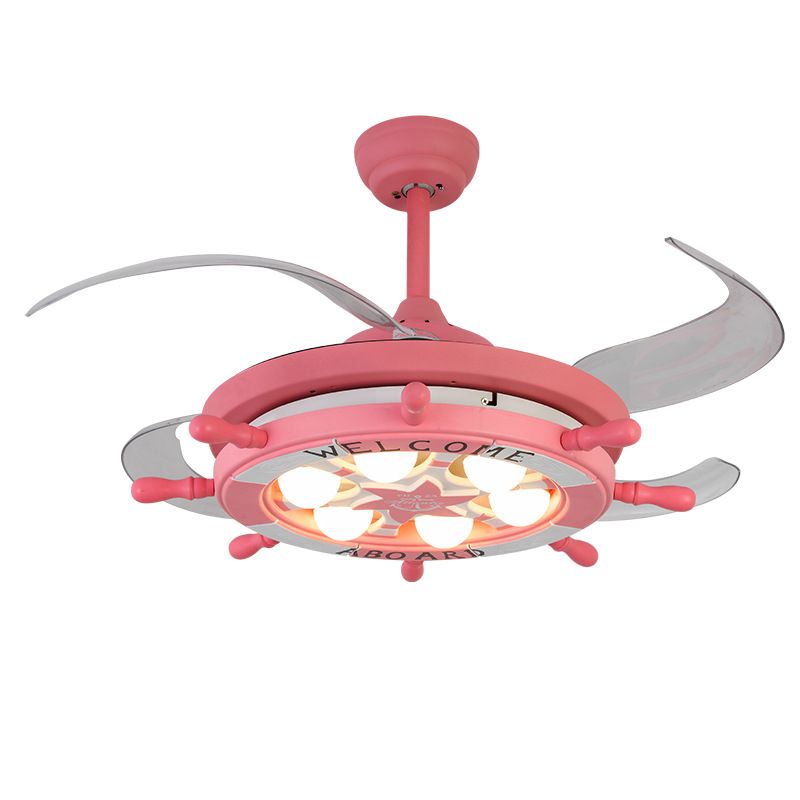 4 Blades Ship Rudder Ceiling Fan Light Childrens Metal LED Pink Semi Mount Lighting for Bedroom, 42" W