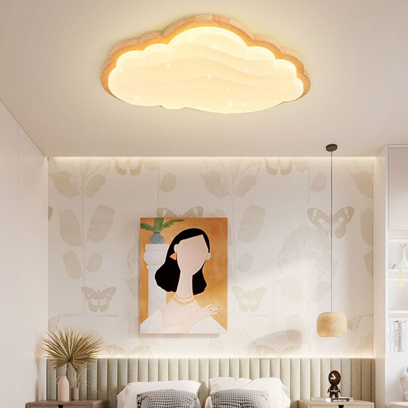 LED Modern Wood Flush Mount Cloud Shape Ceiling Light with Plastic Shade for Living Room