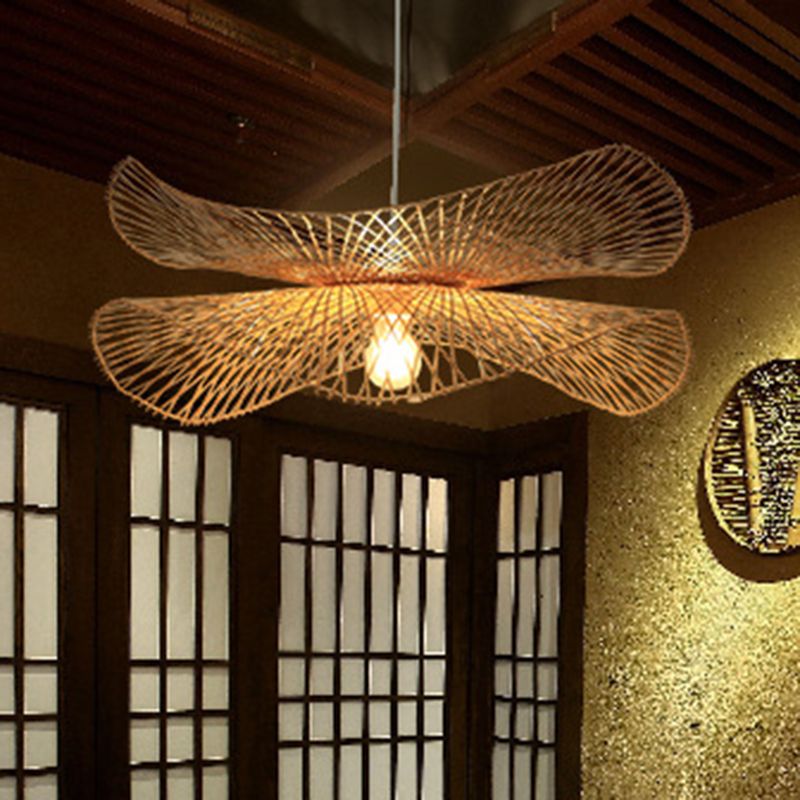 Single Hallway Ceiling Suspension Lamp Minimalist Wood Pendant with Ruffle Bamboo Shade