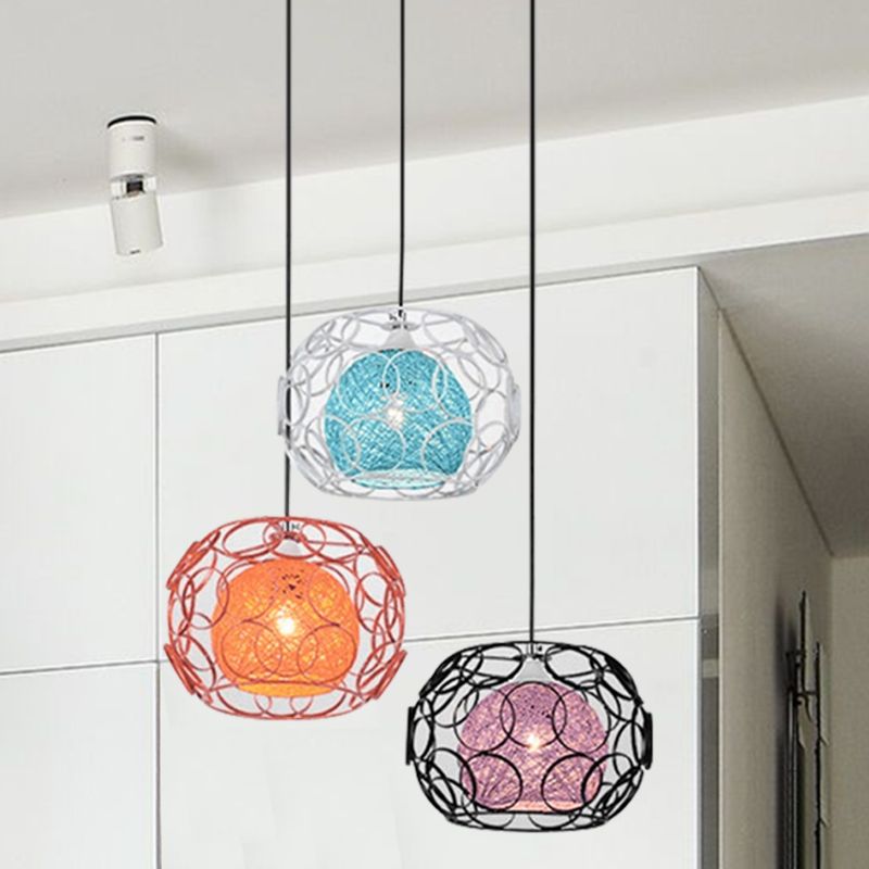 Colorful Rattan Globe Multi Ceiling Light Modern Asia 3-Light Hanging Pendant with Black Round Canopy