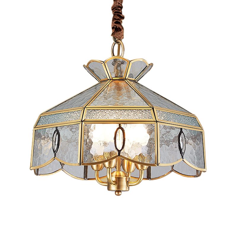 Lustre de pendentif géométrique de style colonial 4 lumières en verre d'eau transparent lampe plafond suspendue en laiton